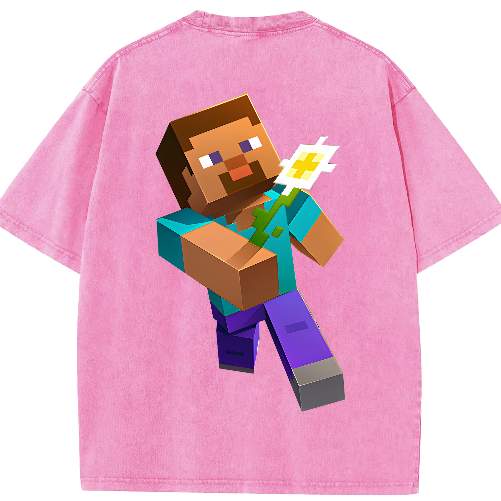 （画像用） マインクラフト ブロックの世界 Minecraft MC Block world 綿100% ヴィンテージ風 半袖Tシャツ（背面プリント）